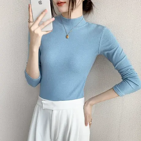 半高领长袖针织打底衫2023春季新款女修身显瘦西装内搭基础款上衣商品大图
