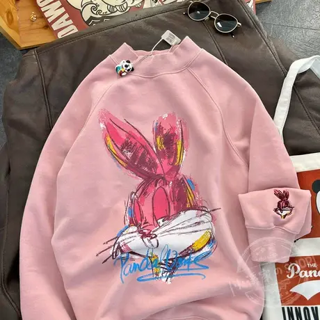 卫衣女加绒加厚2023秋冬新款萌兔时尚宽松包臀减龄刺绣半高领上衣图片