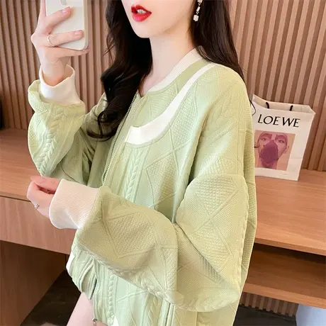 早秋提花撞色外套女春秋季韩版宽松薄款初秋小个子开衫棒球服卫衣商品大图