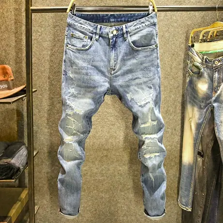 刮烂潮流牛仔裤男款百搭修身小脚裤潮牌手工割破贴布男装帅气裤子商品大图