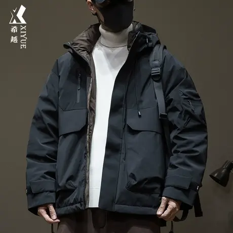 新国标90%白鸭绒连帽羽绒服男冬季保暖宽松大码男士棉衣工装外套商品大图