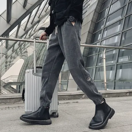 裤子男秋冬季加绒加厚雪尼尔灯芯绒休闲束脚宽松运动哈伦工装卫裤商品大图