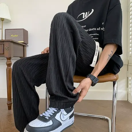 垂感冰丝裤子男款夏季薄款潮牌大码男士宽松直筒阔腿透气休闲长裤商品大图