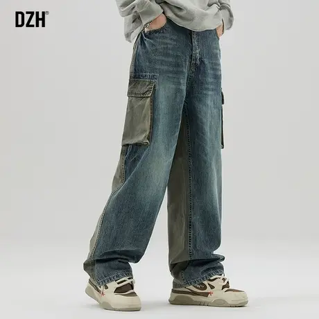 男士阔腿工装牛仔裤男直筒宽松垂感设计感拼接裤子冬季2023年新款商品大图
