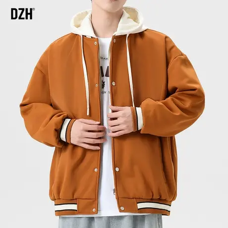 男士焦糖色外套男春秋宽松潮牌男装2023新款假两件夹克宽松连帽衫商品大图