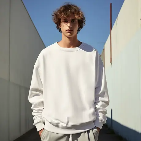 重磅卫衣大码早春初秋款圆领加绒胖子纯色无帽男宽松男生白色打底图片