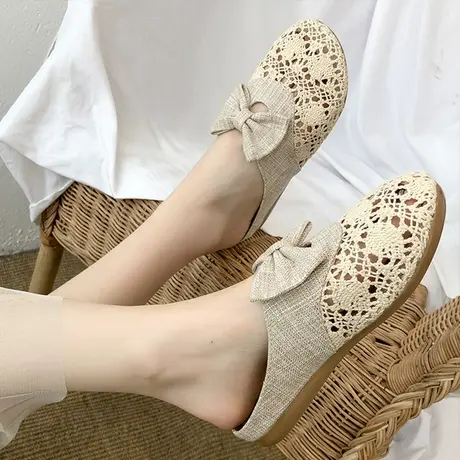 蕾丝亚麻包头半拖鞋女2024夏季新款网面平底一脚蹬懒人凉拖鞋外穿商品大图