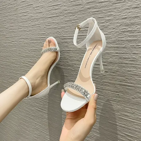 2024年夏季新款一字扣带露趾百搭细跟凉鞋性感气质水钻仙女高跟鞋商品大图