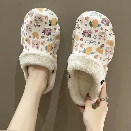 加绒洞洞鞋女冬季ins潮可爱柠檬奶牛居家外穿厚底保暖包头棉拖鞋商品大图