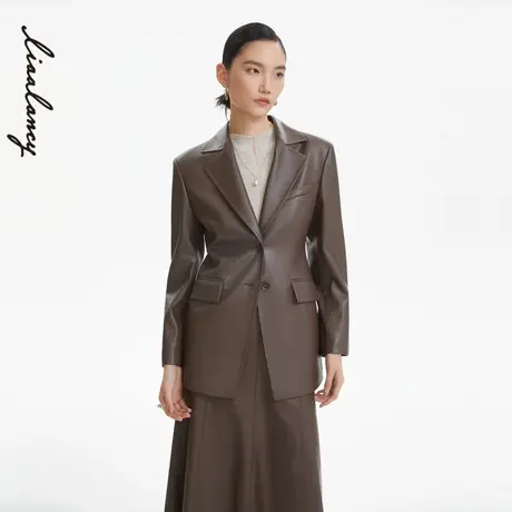 LANCY/朗姿奥莱短袖法式皮衣女高级通勤短款外套女设计感翻领女图片
