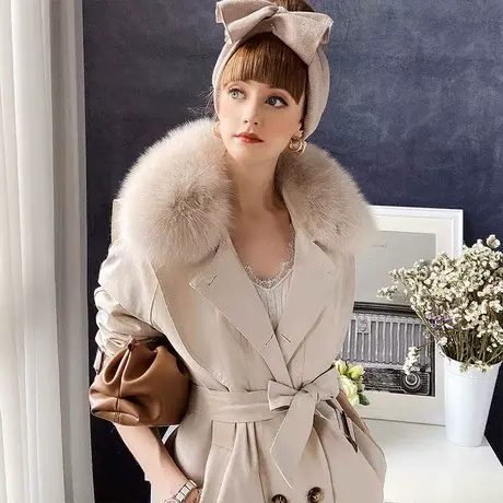 粉红大布娃娃派克服女冬季狐狸毛领棉服潮流外套中长款图片