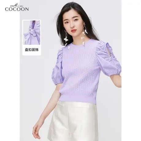 missCOCOON法式泡泡袖毛针织衫女2023新款夏镂空透气短袖t恤上衣商品大图