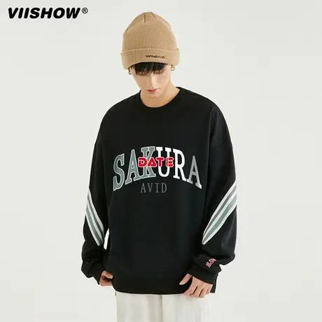 VIISHOW卫衣男生秋冬季重磅宽松休闲加厚插肩袖撞色拼接条纹上衣商品大图