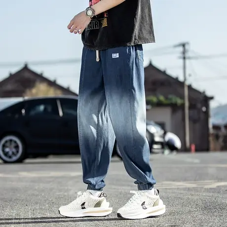 渐变色天丝牛仔裤男夏季薄款冰丝裤子男款加肥大码束脚哈伦九分裤商品大图