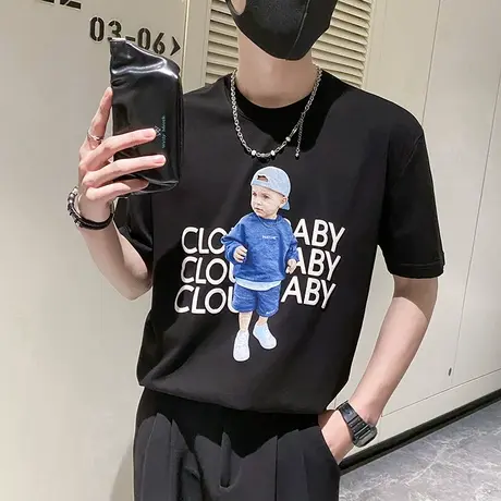 美式复古T恤潮牌痞帅时尚短袖男夏季男装2023新款夏装半截袖体恤商品大图