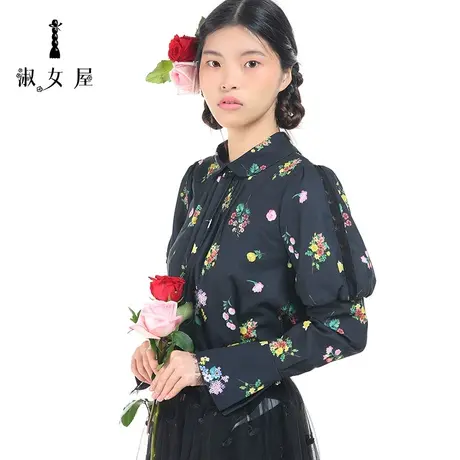 淑女屋旗舰店官网秋装新款淑女气质宽松版型碎花印花长袖衬衣黑色图片