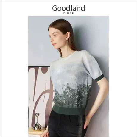 Goodland美地女装2023夏季优雅法式渐变短袖圆领针织衫套头商品大图