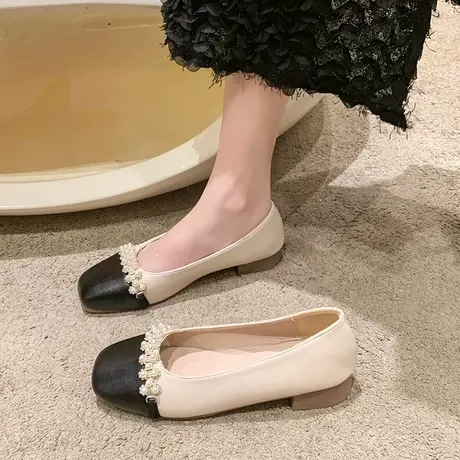 小香风粗跟单鞋女2024新款春季浅口低跟法式方头晚晚鞋爆款豆豆鞋图片