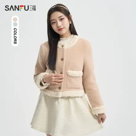 三福厚外套2023冬季气质撞色毛绒拼接口袋圆领上衣女装483311图片