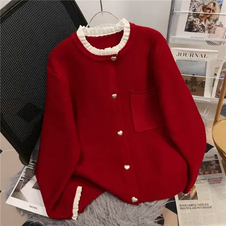 2024春装新款蕾丝拼接红色针织开衫外套女秋冬2023内搭打底衫百搭商品大图