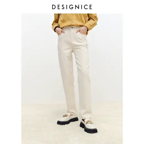 迪赛尼斯通勤冬季新款高腰磨毛烟管直筒裤子老爹裤女白色牛仔裤商品大图
