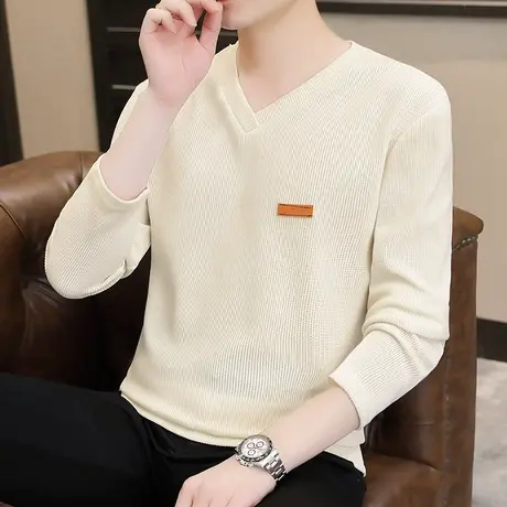 V领男士长袖t恤春秋季新款韩版修身内搭打底衫潮流休闲加绒秋衣服商品大图