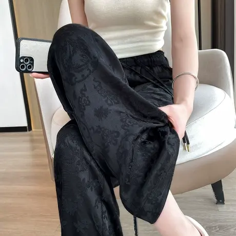 醋酸缎面休闲阔腿裤女夏季薄款国风绣花民族风冰丝垂感直筒拖地裤图片