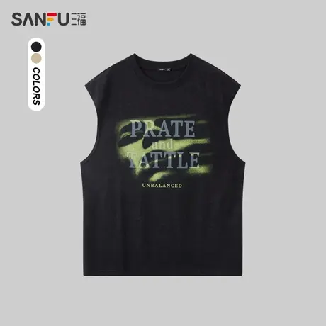 三福2024夏季男士弥散文字背心 街头潮流宽肩圆领上衣男483274商品大图