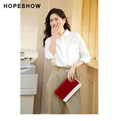 红袖outlets白色开叉衬衫hopeshow2023夏季新款女装通勤休闲上衣商品大图