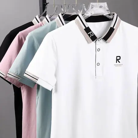 polo衫男士短袖t恤夏季白色修身有领男士纯色polo衫翻领短袖t恤男商品大图