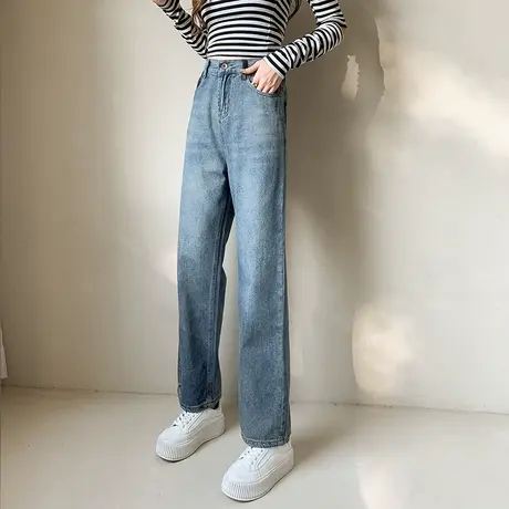 2024年春季新款女装韩版大码阔腿牛仔裤女冬款小个子高腰直筒裤子商品大图