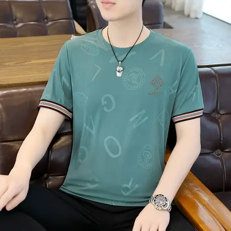 2023夏季新款男士冰丝短袖T恤加肥加大码宽松半袖体恤衫速干夏装图片