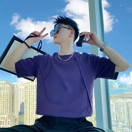 短袖T恤男夏季纯色褶皱拼接设计感ins半袖打底上衣男装轻熟半截袖商品大图