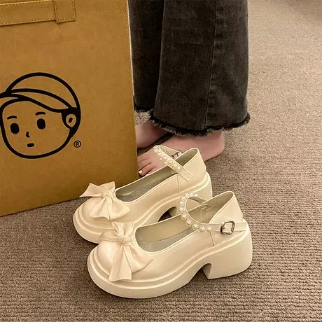 玛丽珍鞋女2024年春新款时尚高跟蝴蝶结厚底粗跟珍珠配裙子小皮鞋商品大图