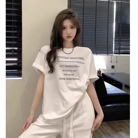 韩版黑色极致字母印花短袖T恤女宽松中长款bf原宿风大码纯棉上衣商品大图