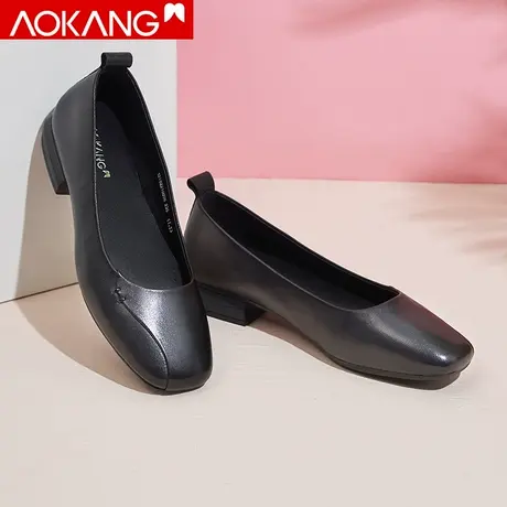 奥康女鞋2021年夏季软面妈妈单鞋女粗跟方头中跟真皮上班小皮鞋商品大图