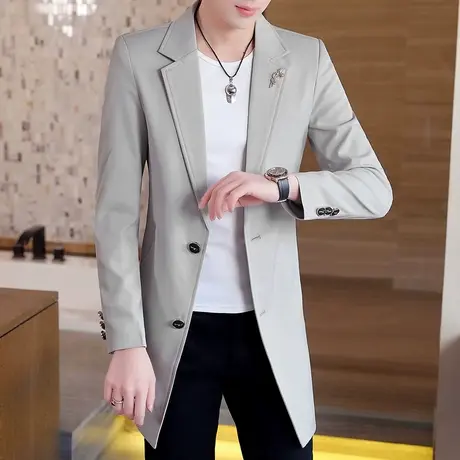 男士中长款风衣发型师帅气休闲西服春秋季大学生韩版薄款披风大衣商品大图