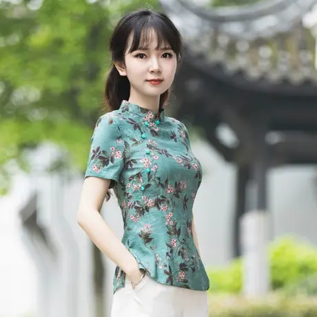 筠雅改良唐装女装夏季旗袍上衣短袖盘扣修身复古茶服中式禅意女装图片