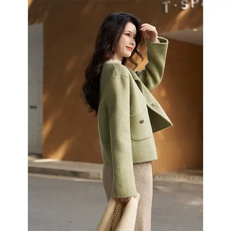 ITISF4/艾夫斯时尚双面尼绿色短款大衣图片