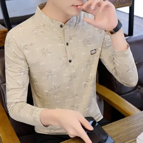 2023秋季新款男士长袖t恤韩版修身男装立领潮流棉感上衣打底小衫商品大图