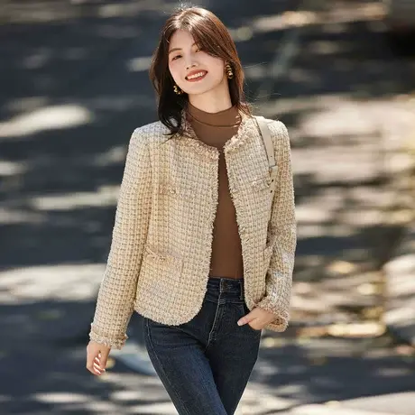 时尚气质外套2023秋季新款女士百搭温柔淑女圆领翻毛长袖小香风商品大图