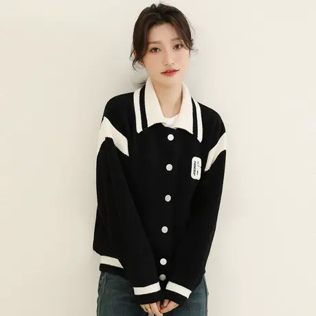 韩潮袭人美式复古翻领棒球服女2023冬季新款休闲毛衣开衫外套厚图片