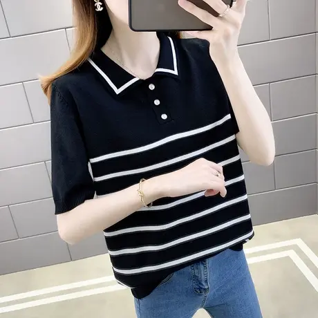 冰丝针织衫女短袖T恤薄款女装2023新款潮春夏季韩版ins潮百搭上衣商品大图