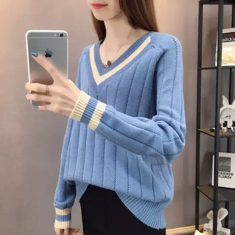 秋季新款韩版女装V领毛衣女拼色套头宽松针织衫女长袖上衣内搭潮商品大图
