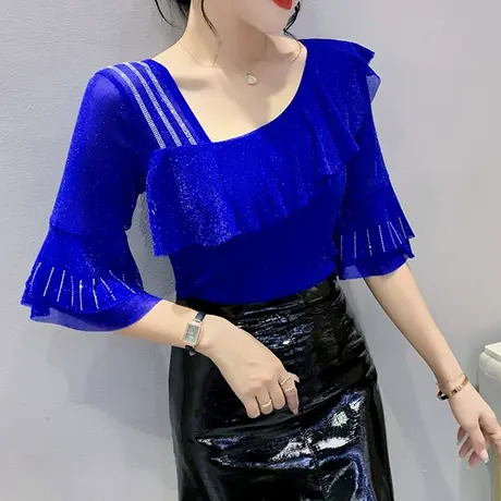 时尚荷叶边T恤女七分袖欧货性感网纱修身上衣设计感气质百搭小衫商品大图