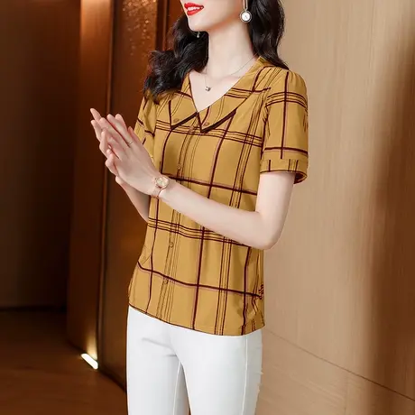夏季复古大码漂亮短袖t恤女士上衣2023新款格子宽松显瘦减龄小衫图片