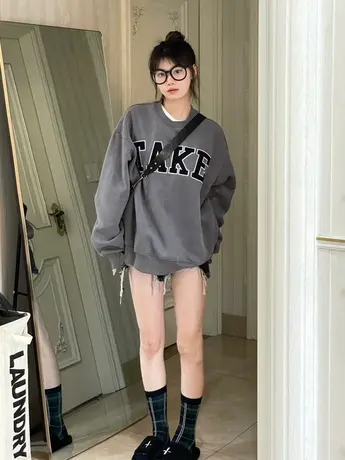 灰色卫衣女秋冬2023新款美式复古oversize宽松中长款加绒加厚外套商品大图