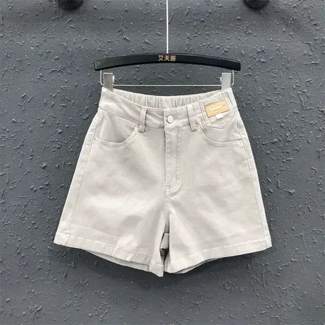 美式休闲简约女士牛仔短裤女2023夏季新款高腰贴标阔腿裤显瘦热裤商品大图