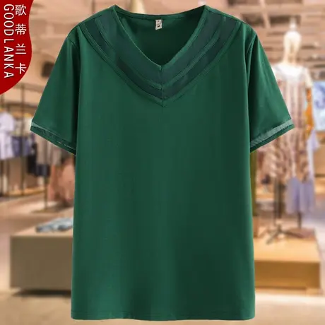 加肥加大码中年妈妈夏装上衣新款宽松洋气网纱拼接纯棉短袖T恤女商品大图
