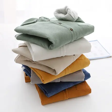 韩版纯色加绒衬衫女秋冬新款宽松灯芯绒简约长袖加厚打底衬衣外套商品大图